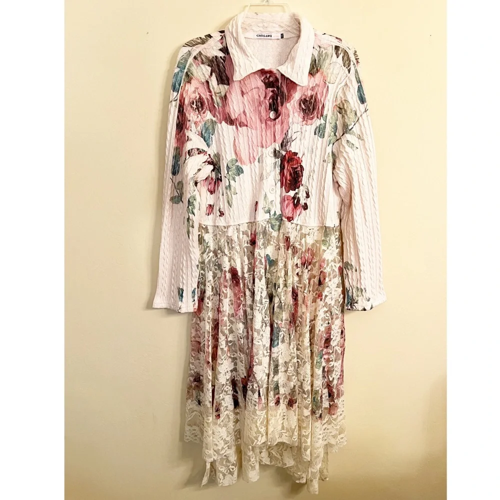 ORIGAMI SWEATER CARDIGAN DUSTER floral big rose lace boho western Size 2 XL - Picture 5 of 9